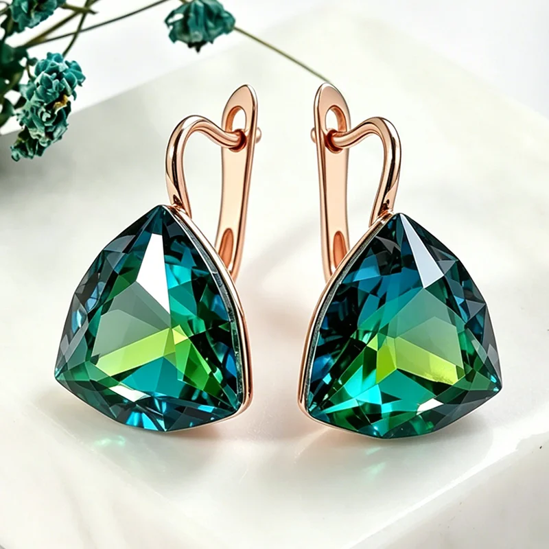Wbmqda Einzigartige Ohrhänger mit grünem Farbverlauf und Stein für Damen, 585er Roségold, luxuriös, für Hochzeit, Party, großer Zirkon, Schmuck, Geschenke