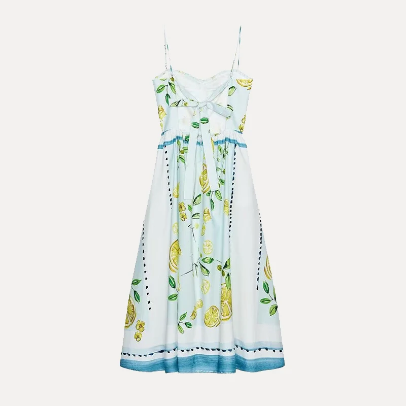 여름 신상 여성용 면 레몬 프린트 실크 드레스 레몬 향 휴가 스타일 민소매 가운 자다타 브랜드