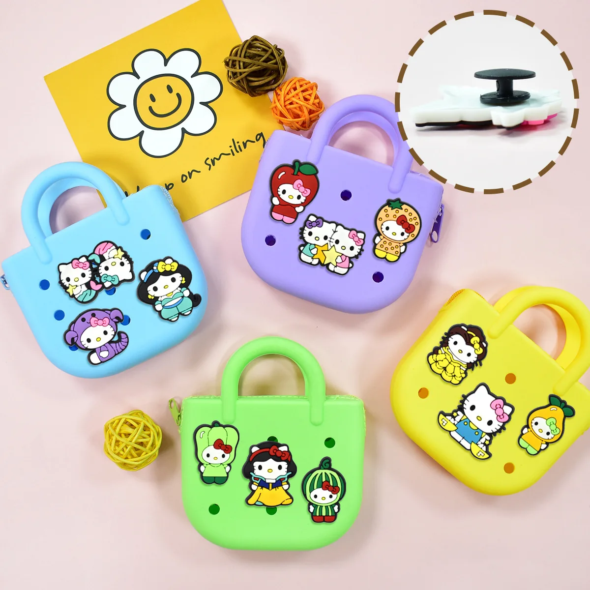 Random 15/30pcs set Cute Cat Shoe Charms Kawaii Cartoon Shoe Clips Detachable 3D PVC Pink Bow for Crocs Clogs Sandals