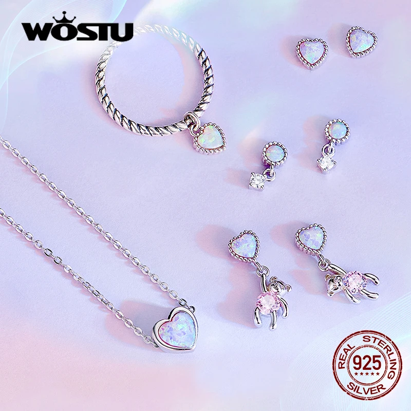 

WOSTU 925 Sterling Silver Round Beads Opal Love Heart Bear Ear Buckles Stud Earrings For Women Fashion Party Jewelry Gift E1385