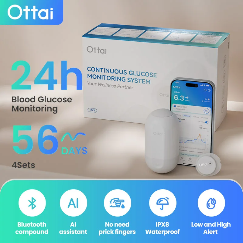 Ottai CGM 4 cajas kit de monitoreo continuo de glucosa en sangre sin punzonado de dedos Sensor CGM medidor de azúcar en sangre
