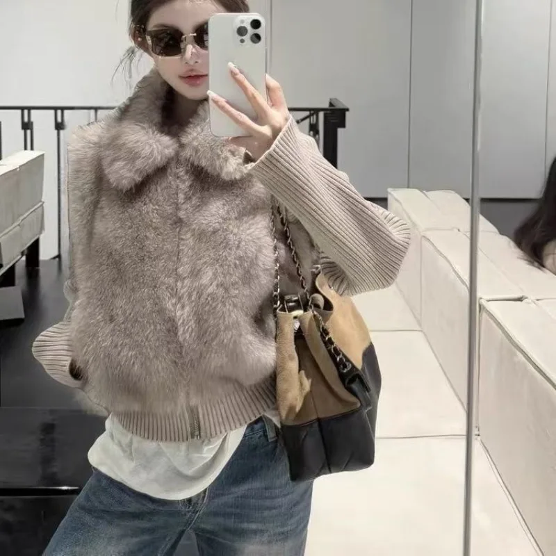 Otoño e Invierno nuevo chaleco de piel de zorro de imitación tejido empalme mangas removibles chaqueta de solapa delgada y versátil moderno elegante