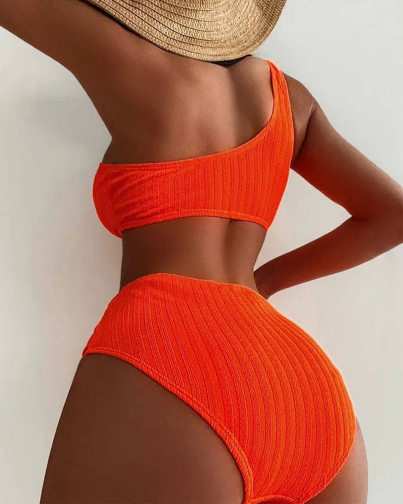 Cikini-One Shoulder High Waisted Bikinis Set for Women, Two-Piece Beach Swimwear, Sexy Swimsuit, Plain Bathing Suit, Summer