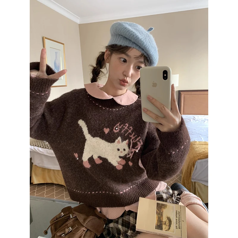 

Harajuku свитер с героями мультфильмов, женский кавайный укороченный вязаный пуловер, корейский трикотаж с принтом Cutecore, зимняя мода, повседневные джемперы