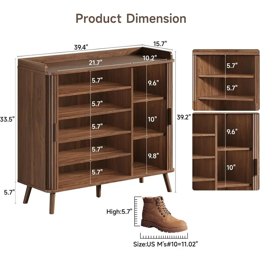 5-Tier Sliding Door Wooden Shoe Cabinet with Adjustable Shelves, Open Bottom for Entryway Storage (Walnut)