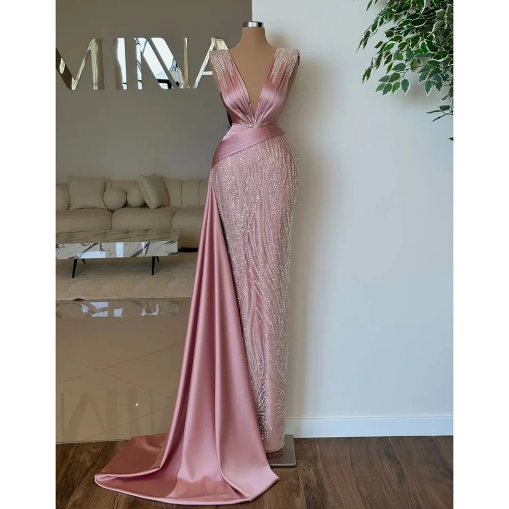 สีชมพูเซ็กซี่ V คอชุดราตรีใหม่แฟชั่นหญิงความยาวชั้น Party Prom Gowns