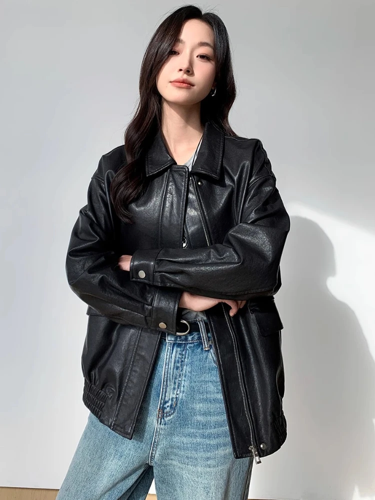 여성을위한 빈티지 정품 가죽 폭격기 재킷 봄 가을 하이 엔드 단순 캐주얼 루즈 피트 소프트 블랙 진짜 양피 코트