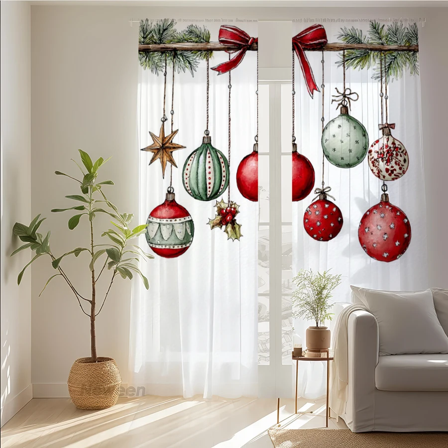 2PCS Christmas Winter Sheer Curtains, Hanging Bauble Star, Digital Print, Bedroom Living Room, Rod Pocket Polyester, Home Decor