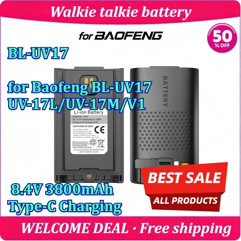 New BL-UV17 for Baofeng BL-UV17 UV-17L/UV-17M/V1 Walkie Talkie Battery 8.4V 3800mAh Type-C Charging Lithium Battery
