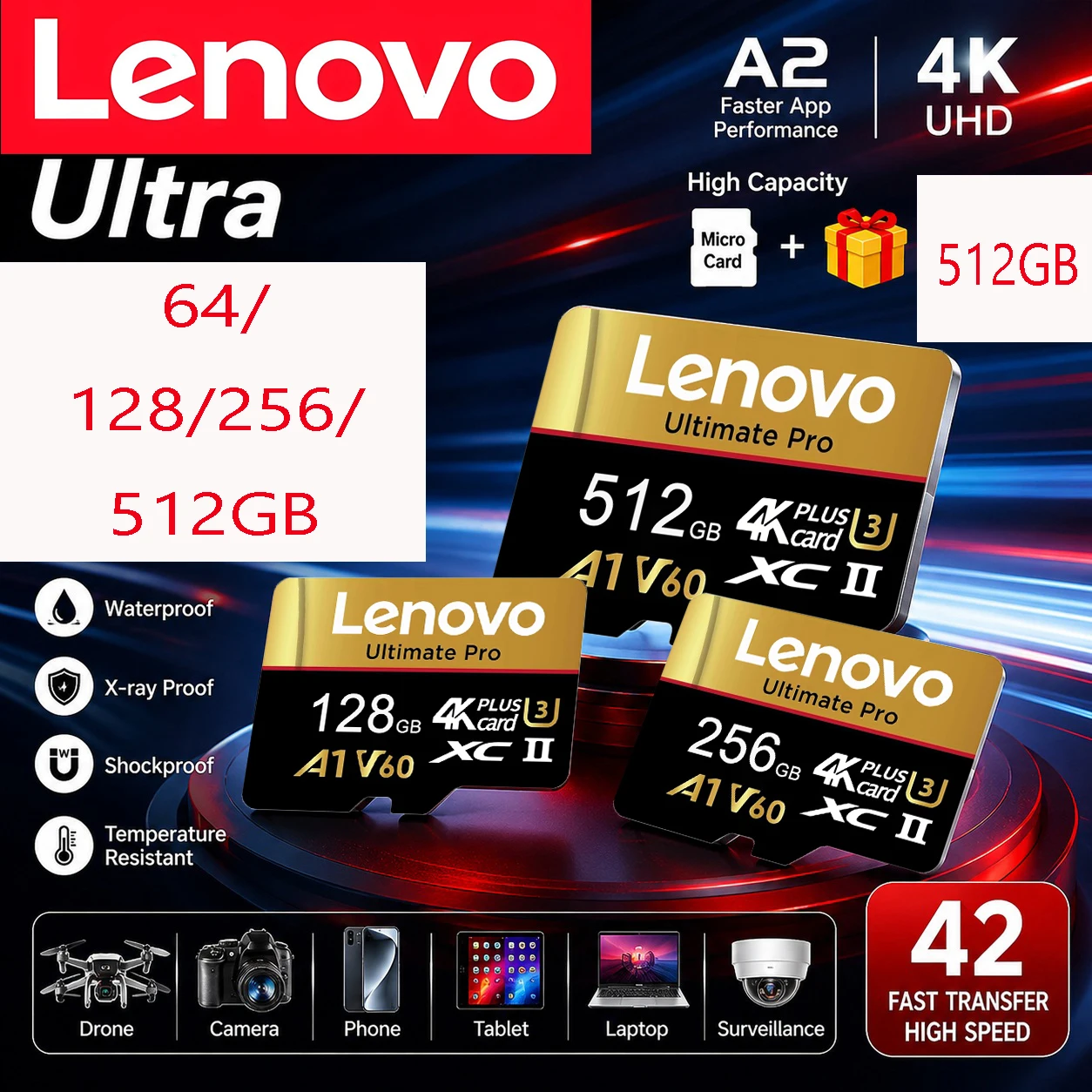 High-Speed Lenovo 512GB Memory Card SD Cards Micro TF SD TF Cards 256GB 128GB U1 for Dash Cam / PC / Camera / Smartphone