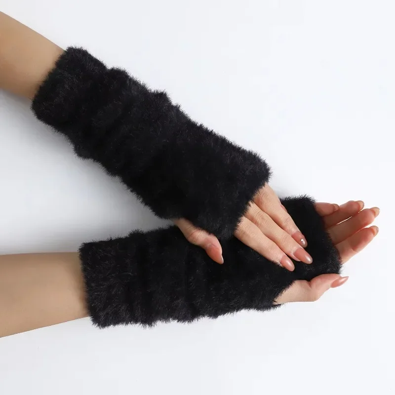 Mink-Like Velvet Arm Warmer for Women Winter Fingerless Gloves Knit Mitten Gloves Wrist Warmer with Thumb Hole