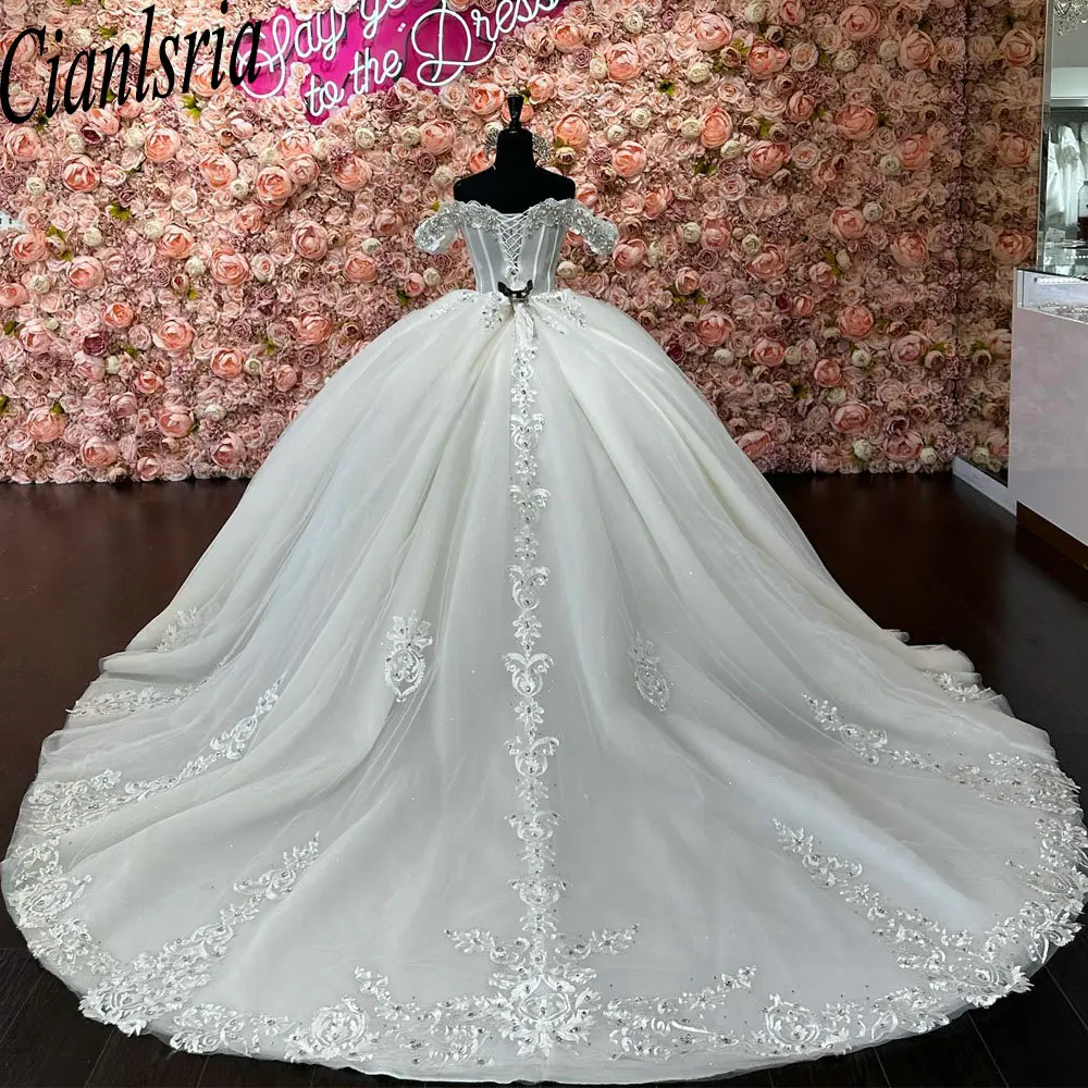 White Off The Shoulder Crystal Beading Quinceanera Dresses Ball Gown Appliques Lace Princess Sweet 15 Birthday