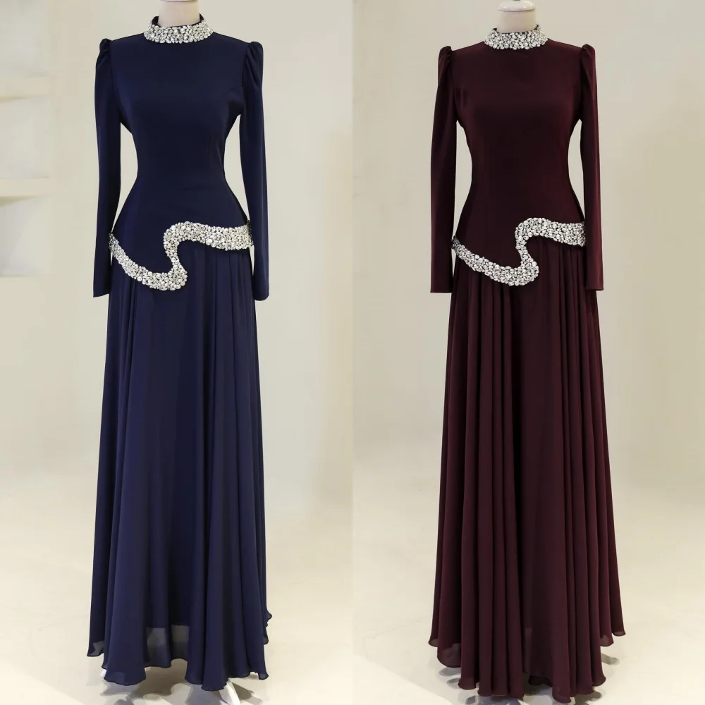 

Customized Modern Style Elegant Chiffon Rhinestone Pleat Straight High Collar Long Dresses Bespoke Occasion Dresses Classic Sexy
