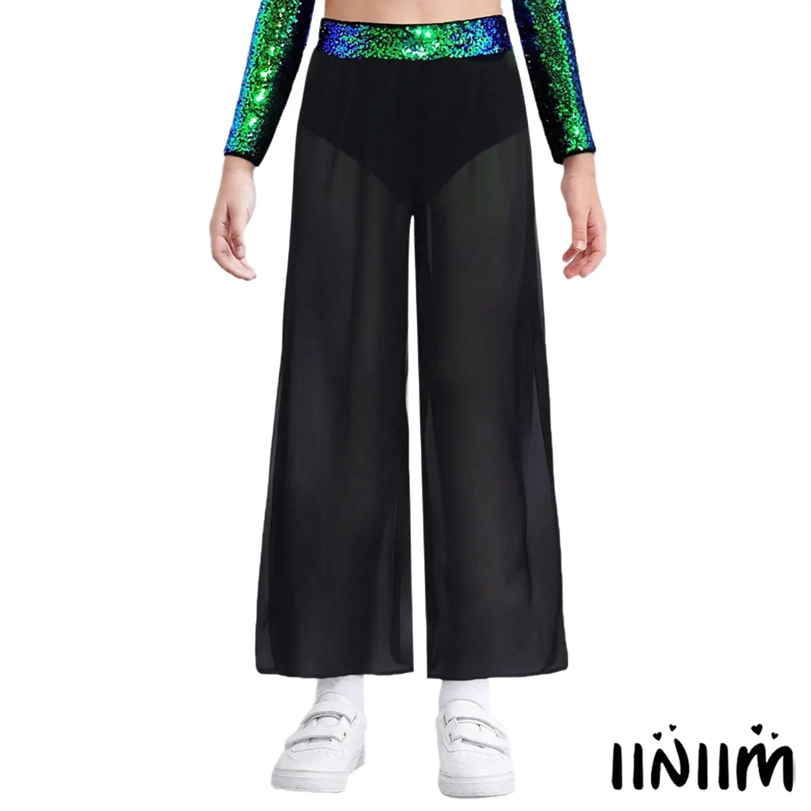 

Kids Girls Dynamic Jazz Pants with Sequin Waistband And Side Slit Design Flowing Chiffon Overlay for Jazz Stage Performances