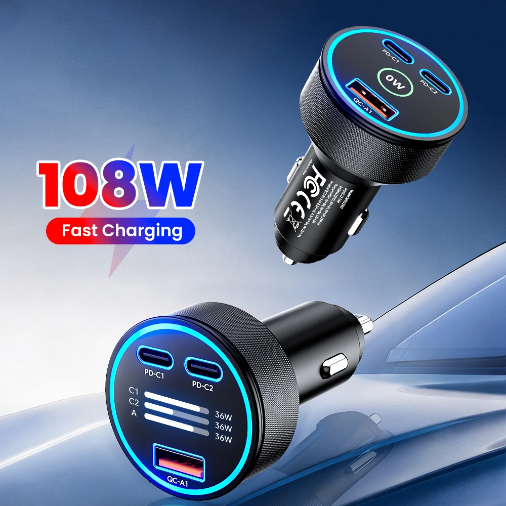 3-Port 108W Fast Charging Car Charger Digital Display 2PD+QC3.0 Car Phone Charger Adapter for iphone Samsung Huawei Xiaomi