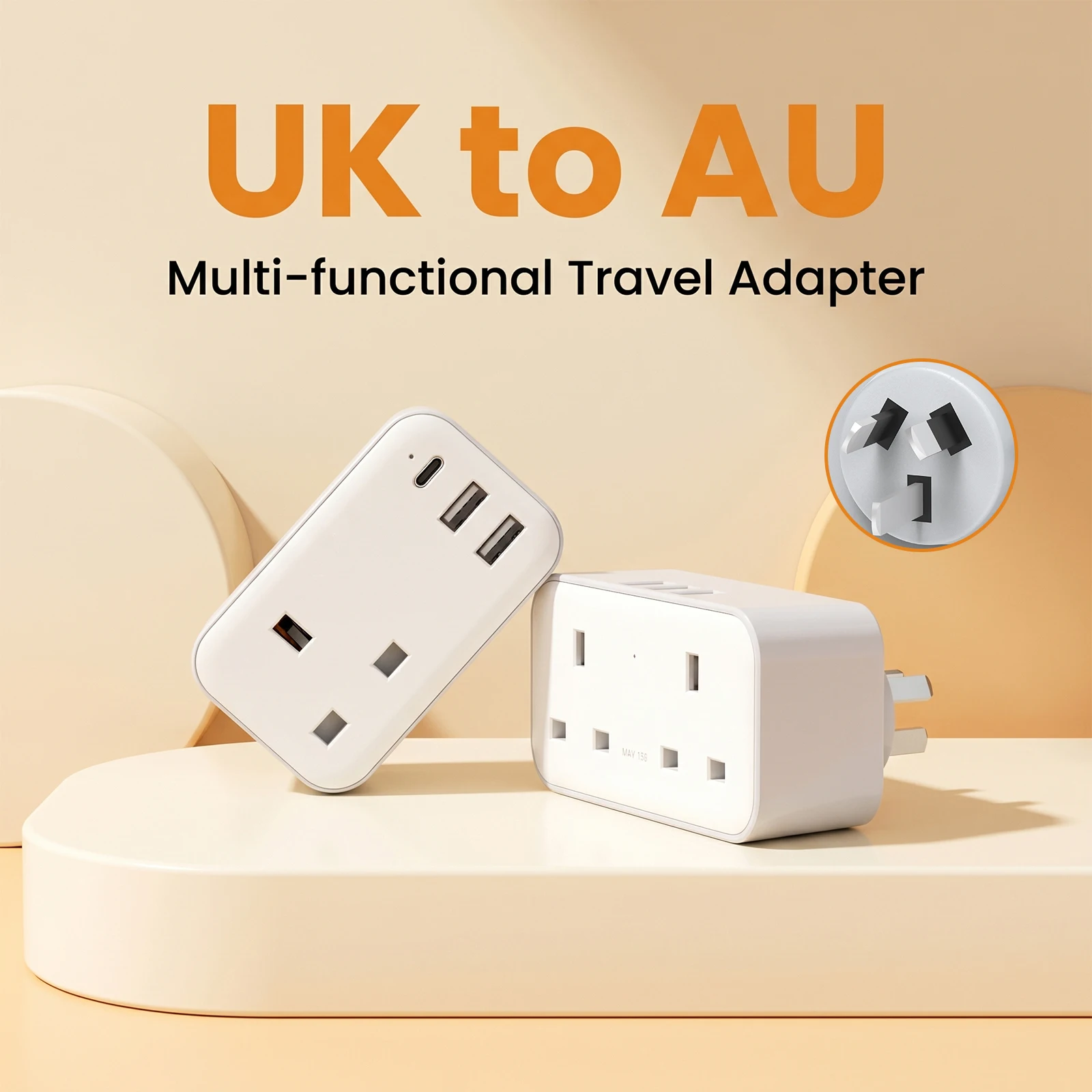 UK To Australia Plug Adapter with 3 USB, China New Zealand Australian Plug Adaptor from UK, 4-in-1 Earthed AU Travel Adapter