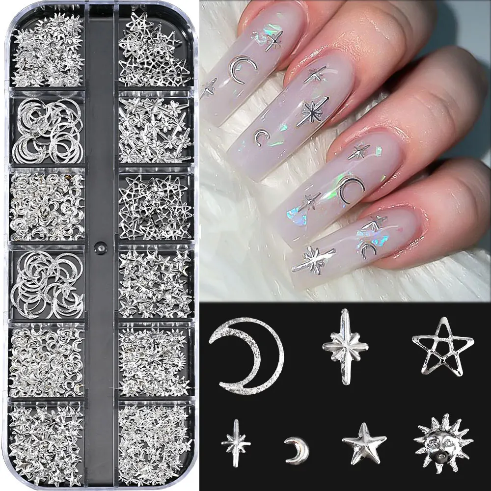 12 rasters Zilveren Ster Maan Hart Nagel Metalen Klinknagels Studs 3D Y2K Metalen Aolly Slice Plaksteen Nagel Charmes Sterrenlicht Nageldecoratie 5