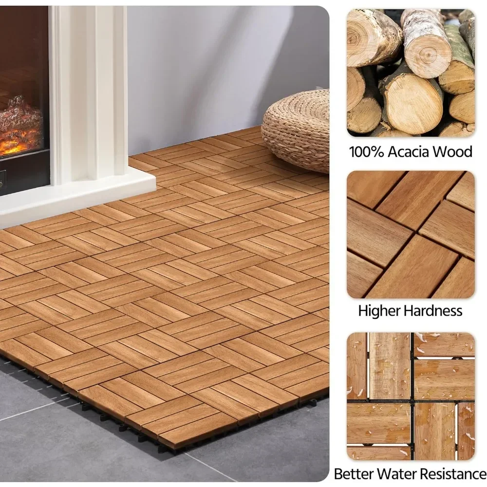 Revêtement de sol imperméable en acacia, 108 pièces de bois de feuillus imbriqués, pour une utilisation en extérieur, 12 en effet x 12 pouces