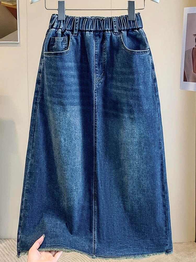 Authentic Early Autumn plus Size Korean Style Elastic Loose A-Line Denim Skirt Mid-Length Half Body Skirt Casual Commute