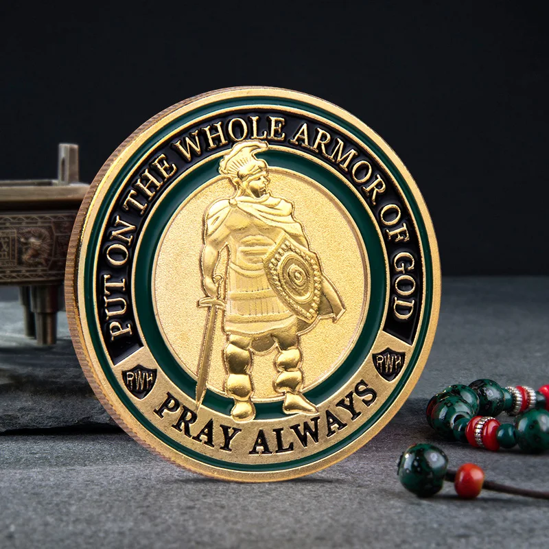 4CM Christliche Souvenir-Münze: Trage die ganze Rüstung Gottes (Epheser 6:11) – Vergoldete Gedenkmünze „Bete immer“-Sammlung – Detail 1