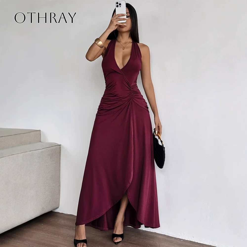 V-neck Halter Satin A-line Evening Dresses High-low Sleeveless Split Prom Dresses Customized robes de soirée