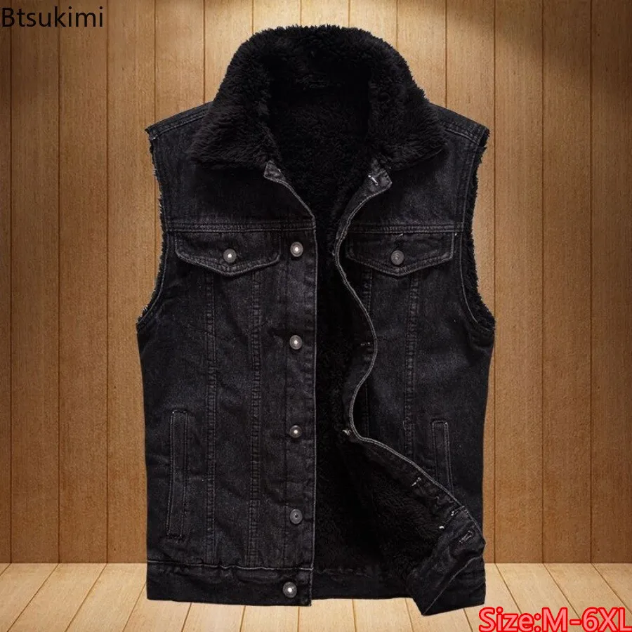 

Autumn Winter Men's Fleece Lining Thickened Warm Denim Vests Fashion Lapel Button-up Sleeveless Jacket Male Casual Waistcoat 6XL