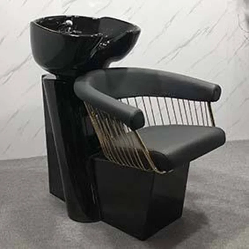 Luxury Design Leather Beauty Ceramic Sink Gold Shampoo Chair Shampoo Bed