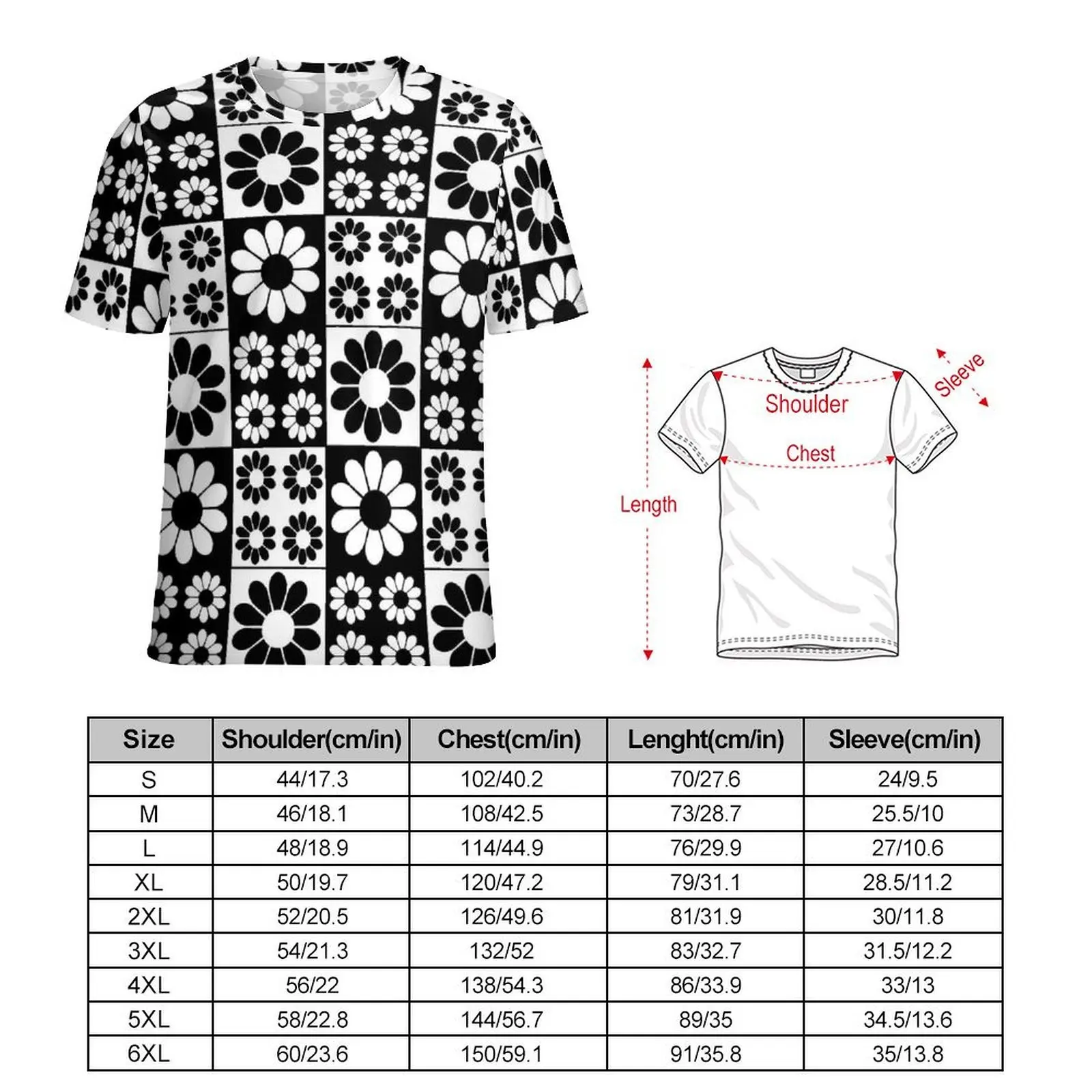 Plus Size T Shirt Summer Daisy Floral T Shirts Black And White Funny O-Neck Tshirt Mens Harajuku Design Top Tees