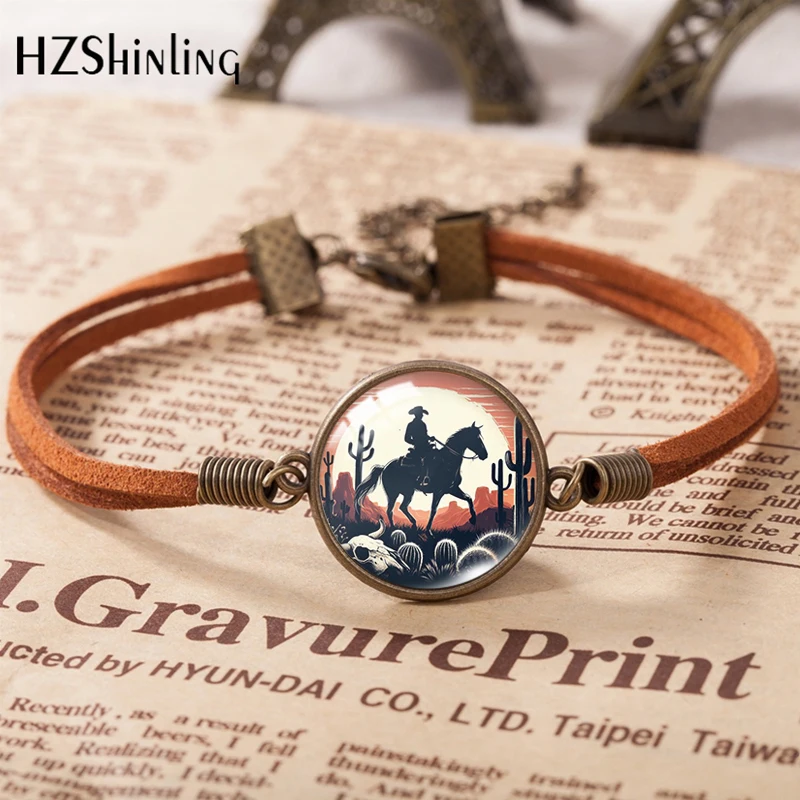 Cowboy Horse Riding Vitality bracciale sportivo in pelle stampata bracciale rotondo con ciondolo a cupola in vetro