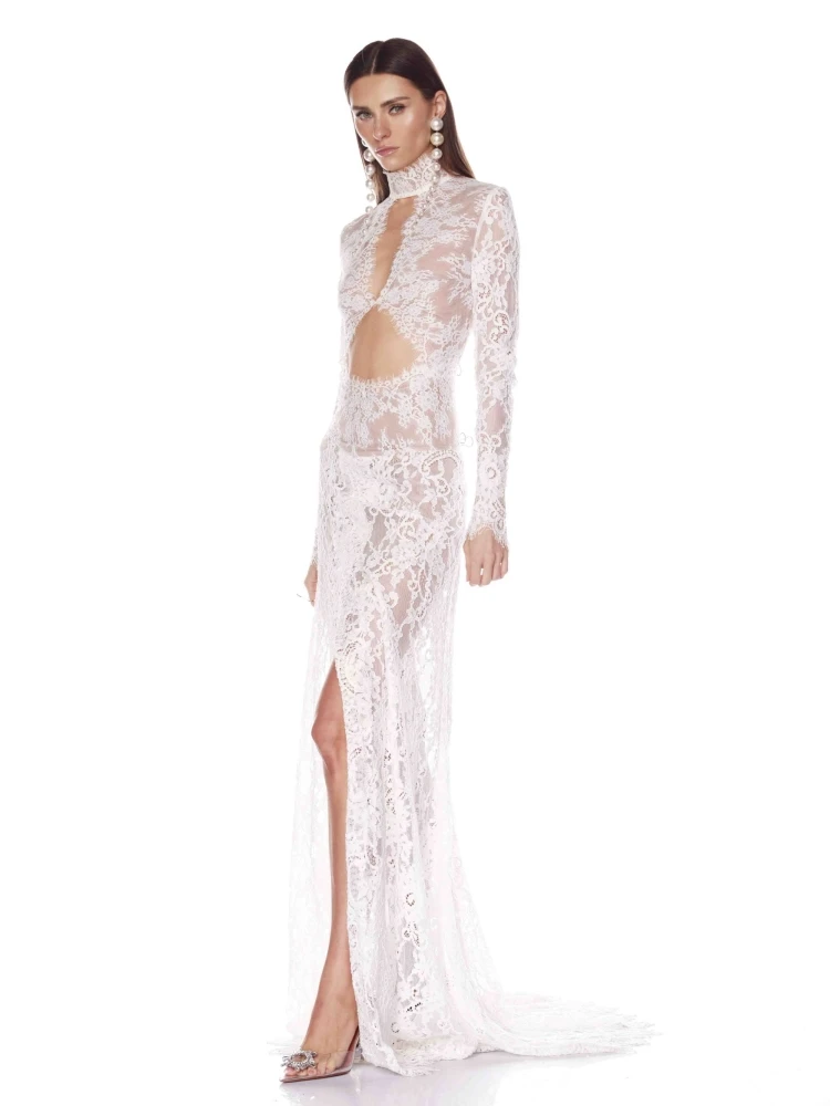 Novo sexy o pescoço renda cortar design vestido longo feminino renda branca manga longa alta divisão vestidos finos festa de noite vestidos de casamento