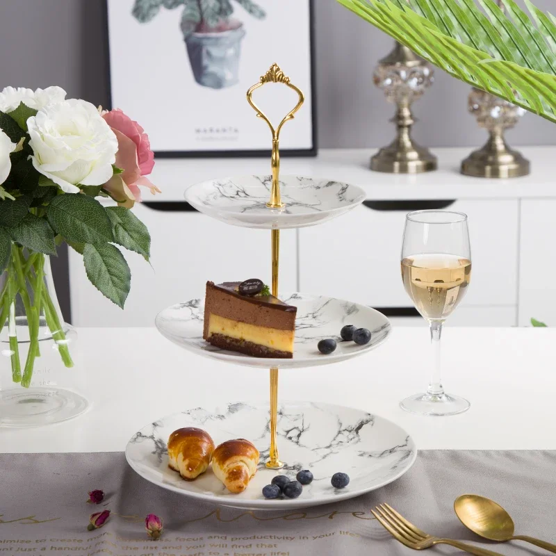 

Marble Ceramic Fruit Plates Set Cake Stand Plate Buffet Snack Dishes Candy Dish Bread Porcelain Tray Marbling Tableware Decor