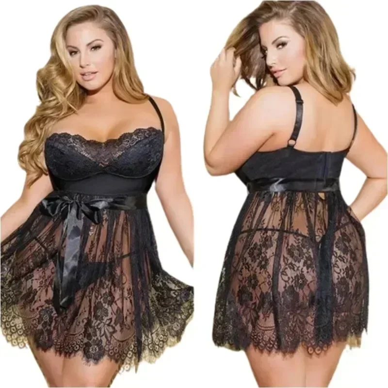 Sexy Lingerie Plus Size Erotic Babydoll Underwear Women Lace See Through Dress with Panties Set 5XL Porno Costumes Sleepwear