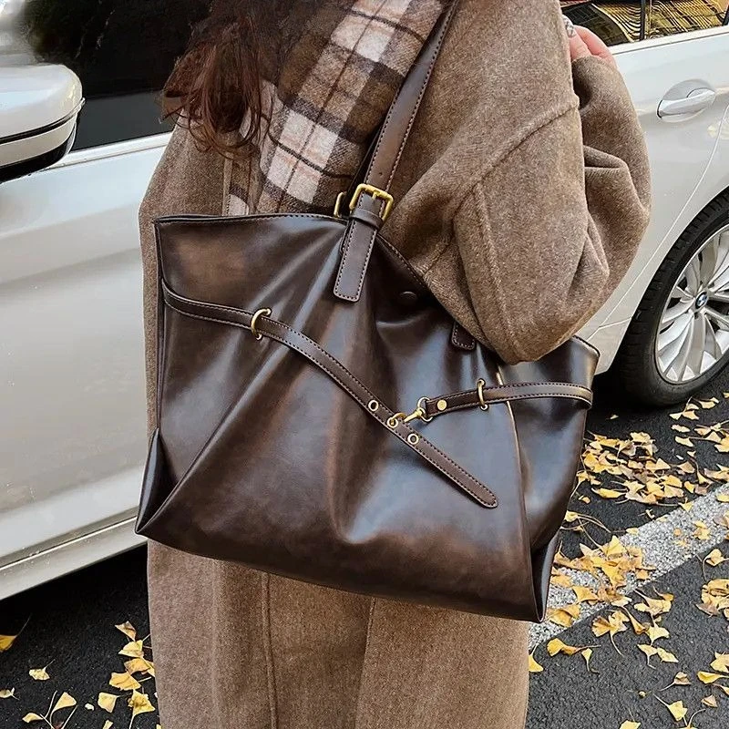 

Korean Style Casual Solid Shoulder Bag Vintage Large Capacity PU Leather Tote Bag Women Y2k Fashion Handbags Trend Underarm Bags