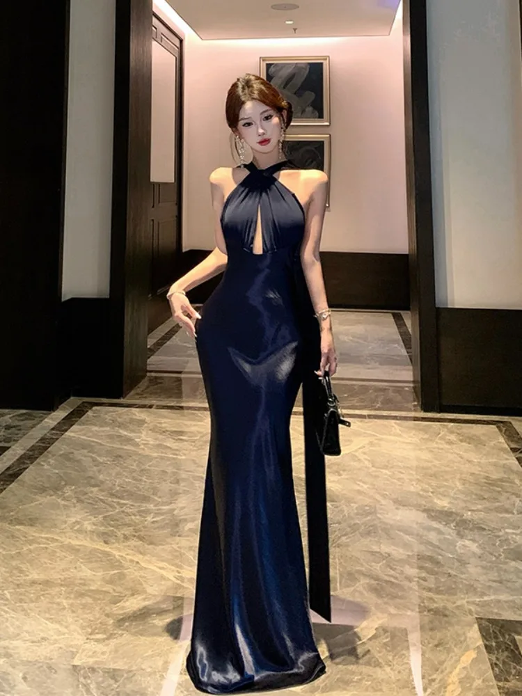 

Ele Satin Fi Tail Dr Sexy Bal Birthday Par Hanging Neline Dr Mid-Length Slim Fit Formal Gown