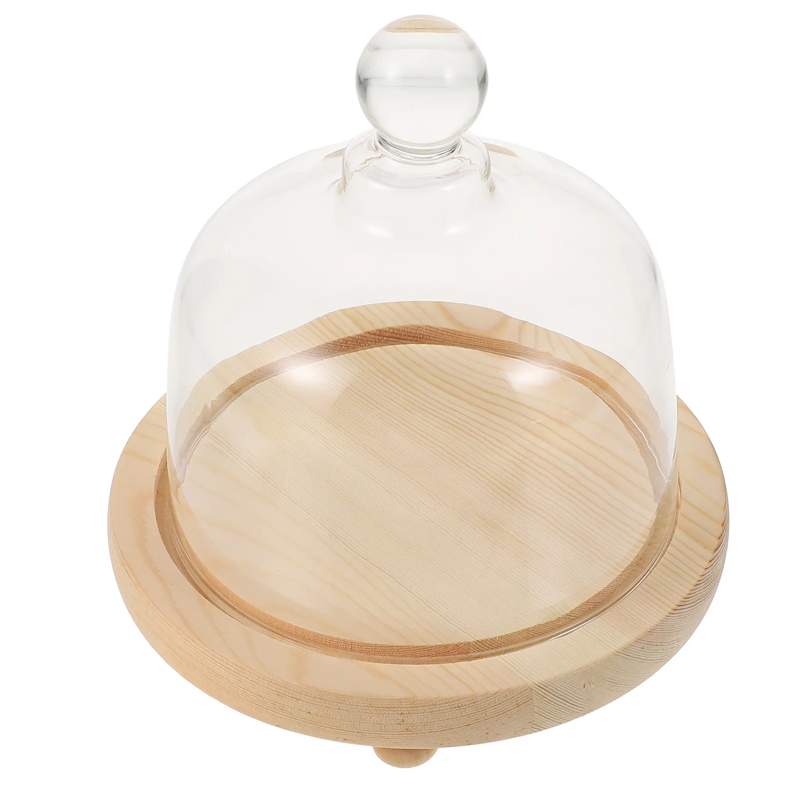 

1Set Glass Cake Cover Transparent Food Protective Case Rounded Handle Wood Base Cake Display Shade for Home Shop