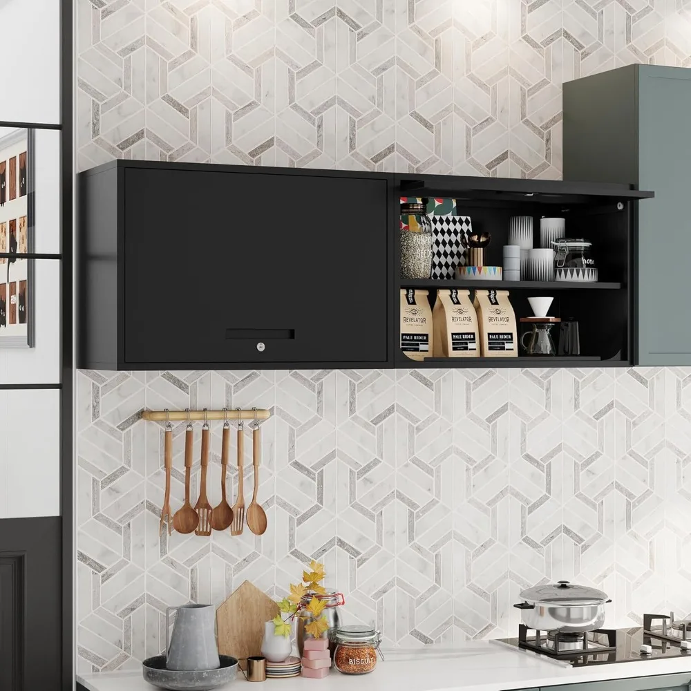 Black Metal Wall-Mounted Storage Cabinet with Shelf and Lock for Garage, Warehouse, Home Organization