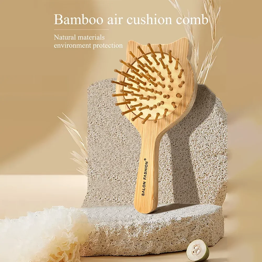 Bamboo Hair Brush - Natural Wooden Anti-Static Comb & Scalp Massager, Air Cushion Design for Detangling (Women/Men)
