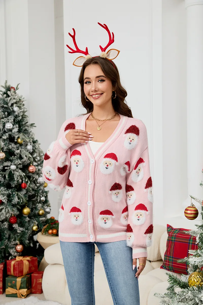 

Long-sleeved V-neck Clothes Coat Casual Women's Cardigan Autumn Winter Christmas Cartoon Jacquard Loose Fashion Sweater Knitted
