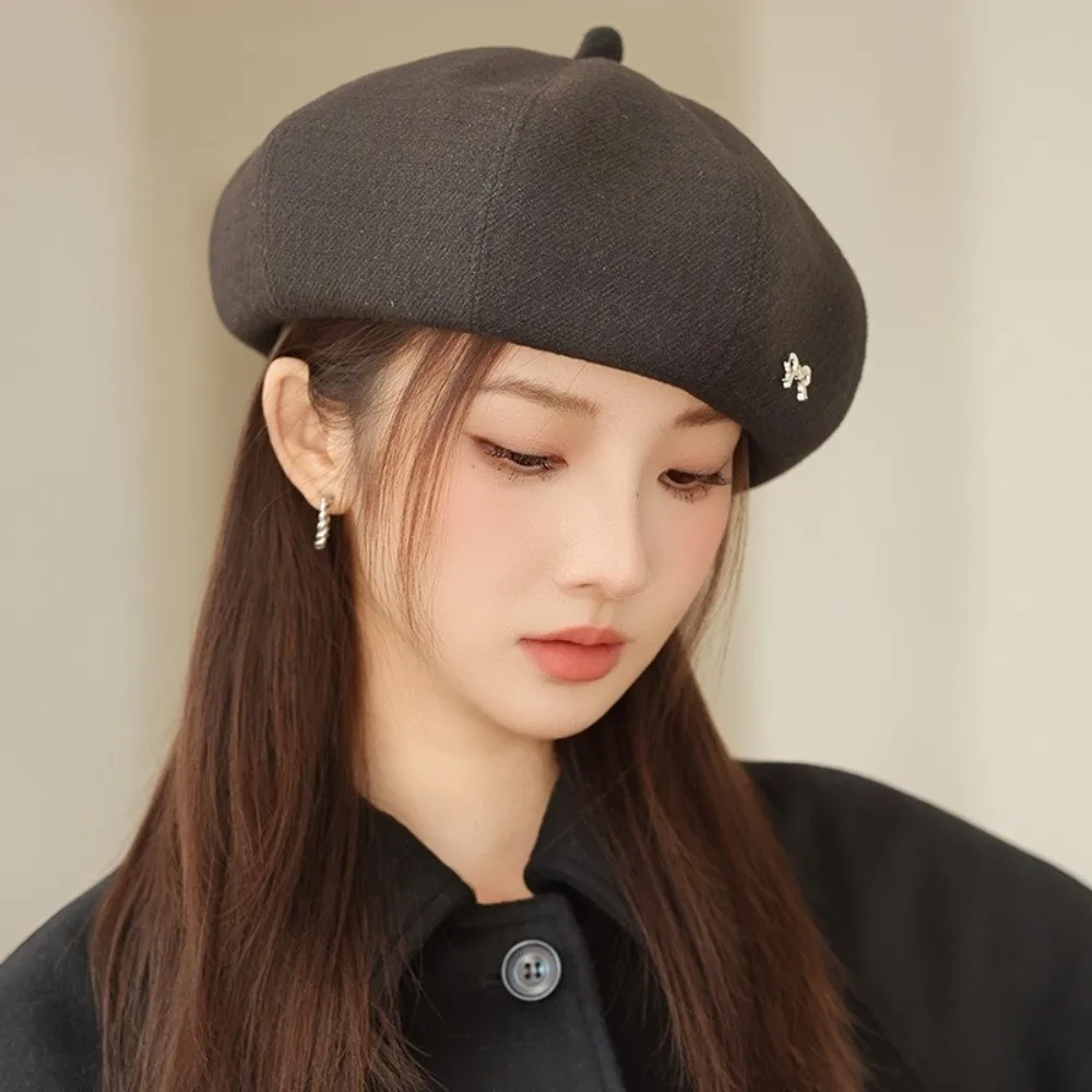 

Elegant Bow Women Berets Elastic Keep Warm Painter Caps Solid Color Korean Style British Beanie Hat Winter