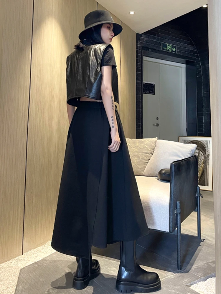 [EAM] High Elastic Waist Black Irregular Zipper Long Casual Half-body Skirt Women Fashion Tide New Spring Autumn 2024 1DF0332