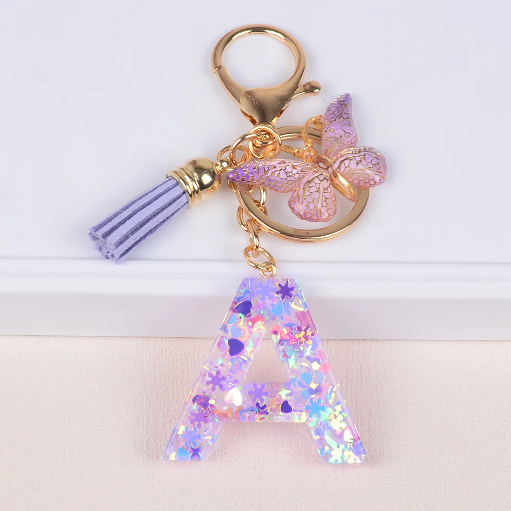 A-Z Dreamy Sequin Alphabet Initial Letters Keychain Withe Butterfly Charm - Cute Butterfly Resin Key Chain Ring Purse Bag Charm