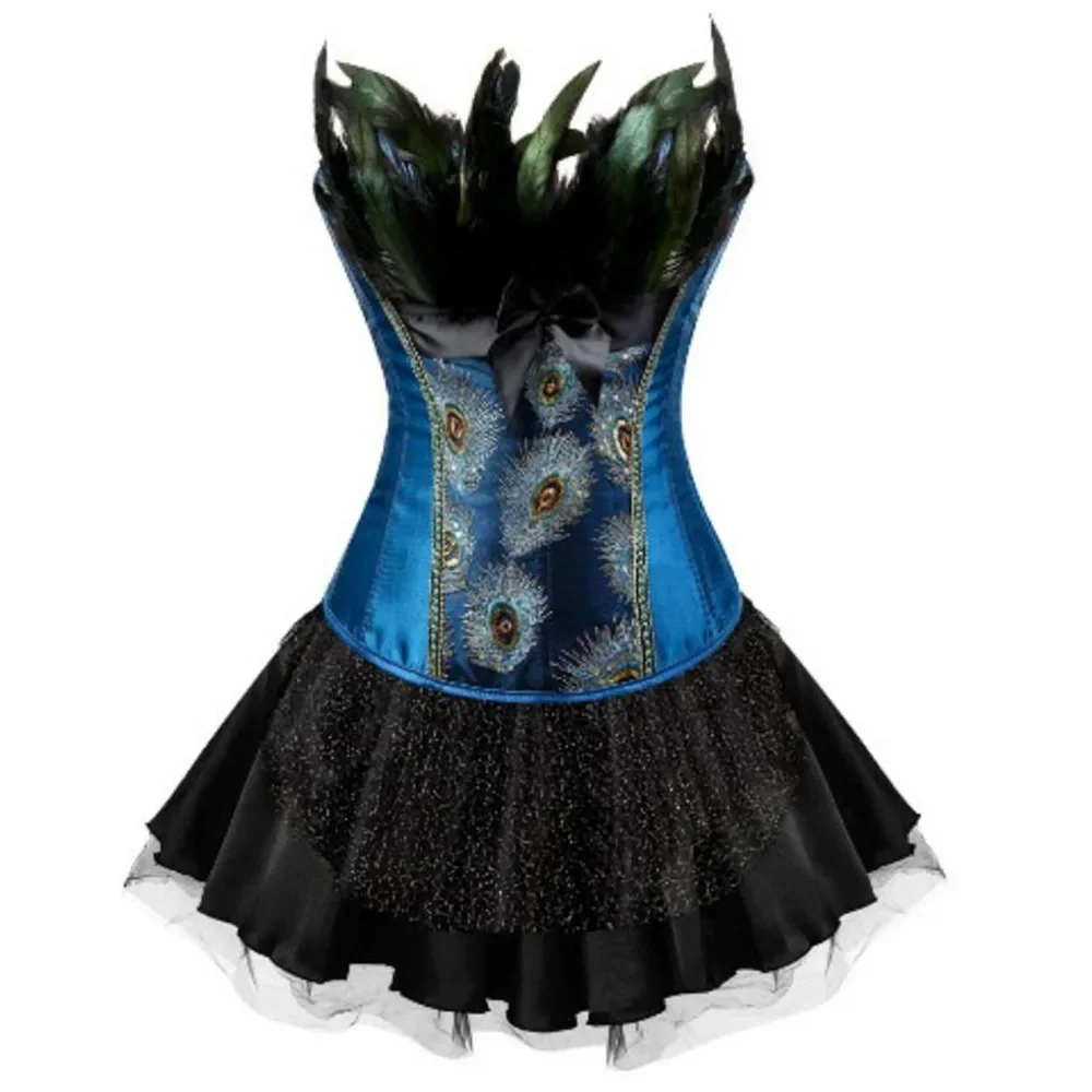 Gothic Corset Dress Steampunk Peacock Glitter Bustier Lace Up Corsage Tutu Burlesque Costume Carnival Party Outfit Plus Size view 3
