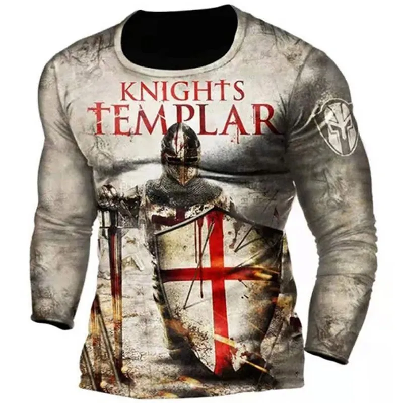 3D Print Retro Knights Templar Autumn Men\'s O-Neck T-shirt Casual Long Sleeve Oversized T Shirt Fashion Pullover Men Clothing