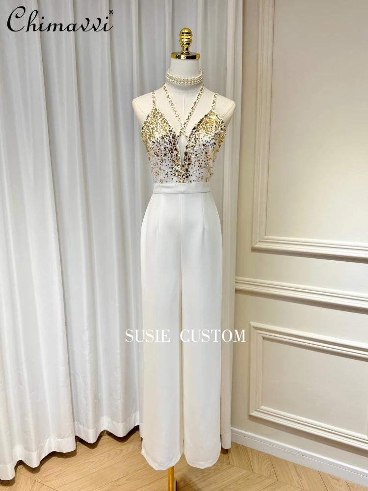 French Luxury Hand-Stitched Rhinestone Sequins Deep V-neck Halter Sexy Backless High Waist Straight-Leg Suspender Jumpsuit Women