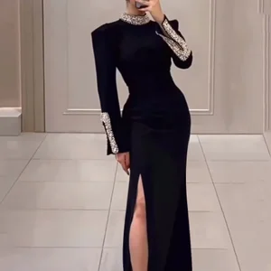 Frauen Goraphshion 2024 Schwarze lange Ärmel Diamonds enge sexy splistische Cocktail Party Verband lang Kleid Maxikleider 8 Hauptverkäufe lange Partykleider mit Stein - №8