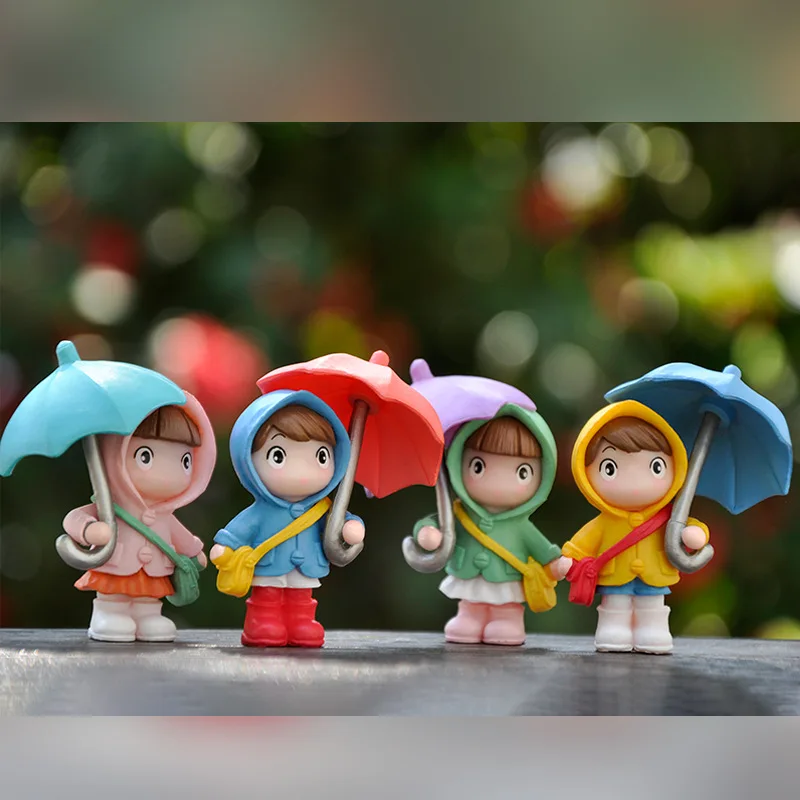 Lot de 4 figurines de filles mignonnes avec parapluie et sac à dos, pour micro-paysages, plantes succulentes et bonsaïs, décorations de bureau