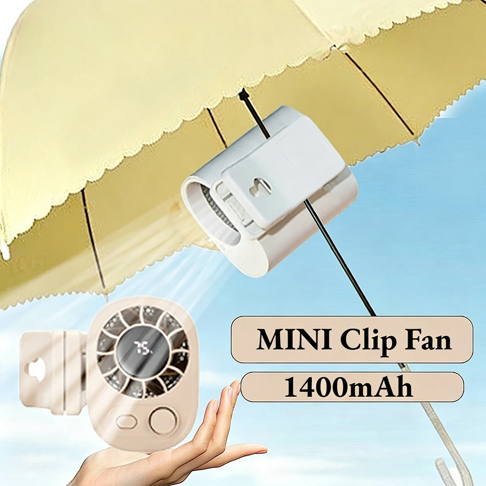 Outdoor Clip-on Fan, 1400mAh Rechargeable Mini Fan, Hurricane-Level Strong Wind, 360° Adjustable, Digital Display, Ideal
