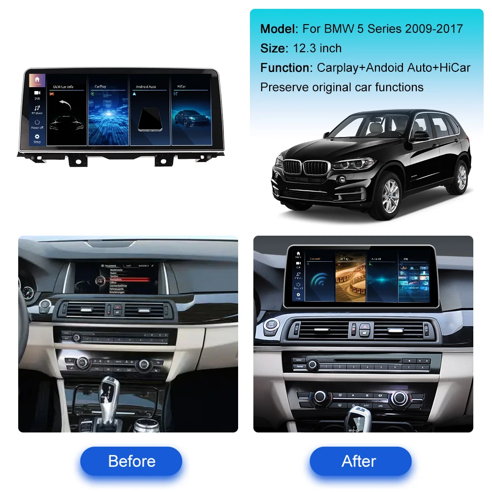 12.3 Inch For BMW 5 Series 2009-2017 Car Radio Multimedia Player GPS Navigation CarPlay QLED Touch Anti Glare Screen Head Unit