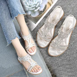 Women Flat Rhinestone Sandals Bohemian Sandals 2023 Summer New Non Slip BeachElastic Low Heels Roman Sandals Sandalias Mujer