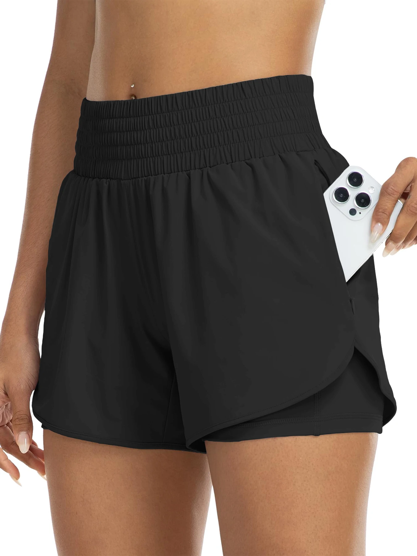 Short de sport taille haute pour femme, pour course à pied, yoga, design superposé, anti-exposition, fitness et entraînement avec poches